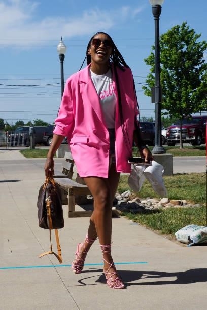 Victoria Vivians of the Indiana Fever arrives to the arena prior to the game against the Seattle Storm on June 17, 2021 at Indiana Farmers Coliseum...