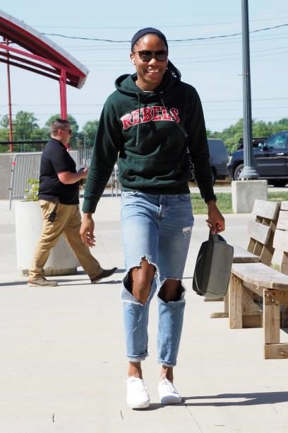 Lindsay Allen of the Indiana Fever arrives to the arena prior to the game against the Seattle Storm on June 17, 2021 at Indiana Farmers Coliseum...