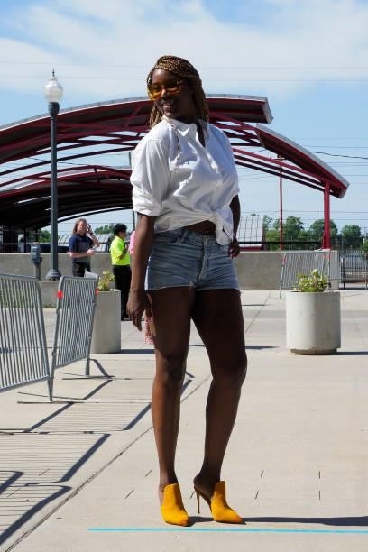 Jantel Lavender of the Indiana Fever arrives to the arena prior to the game against the Seattle Storm on June 17, 2021 at Indiana Farmers Coliseum...