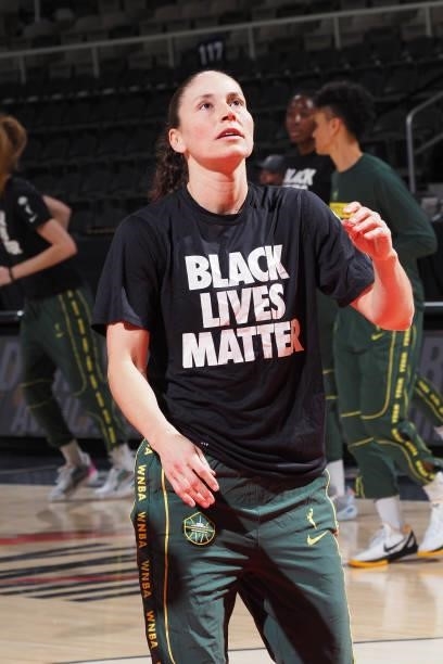 Sue Bird of the Seattle Storm warms up prior to the game against the Indiana Fever on June 17, 2021 at Indiana Farmers Coliseum Fieldhouse in...