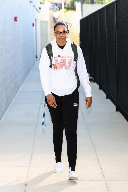 Erica McCall of the Washington Mystics arrives to the game against the Atlanta Dream on June 17, 2021 at Entertainment & Sports Arena in Washington,...