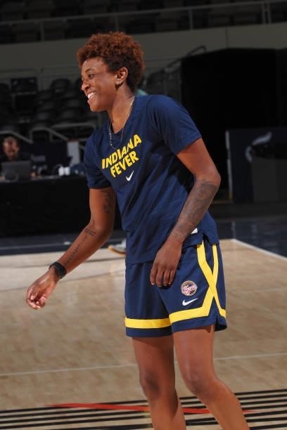 Danielle Robinson of the Indiana Fever smiles prior to the game against the Seattle Storm on June 17, 2021 at Indiana Farmers Coliseum Fieldhouse in...