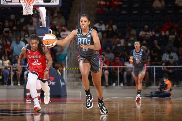 Monique Billings of the Atlanta Dream handles the ball against the Washington Mystics on June 17, 2021 at Entertainment & Sports Arena in Washington,...