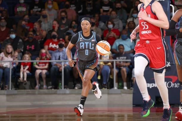 Odyssey Sims of the Atlanta Dream dribbles the ball against the Washington Mystics on June 17, 2021 at Entertainment & Sports Arena in Washington,...