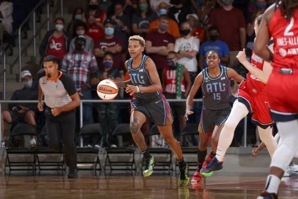 Courtney Williams of the Atlanta Dream dribbles the ball against the Washington Mystics on June 17, 2021 at Entertainment & Sports Arena in...
