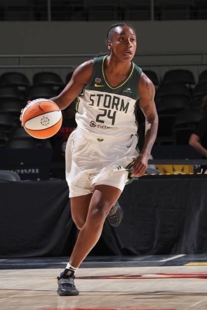 Jewell Loyd of the Seattle Storm dribbles the ball during the game against the Indiana Fever on June 17, 2021 at Indiana Farmers Coliseum Fieldhouse...