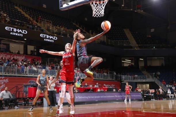 Courtney Williams of the Atlanta Dream drives to the basket against the Washington Mystics on June 17, 2021 at Entertainment & Sports Arena in...