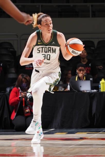 Breanna Stewart of the Seattle Storm dribbles the ball during the game against the Indiana Fever on June 17, 2021 at Indiana Farmers Coliseum...