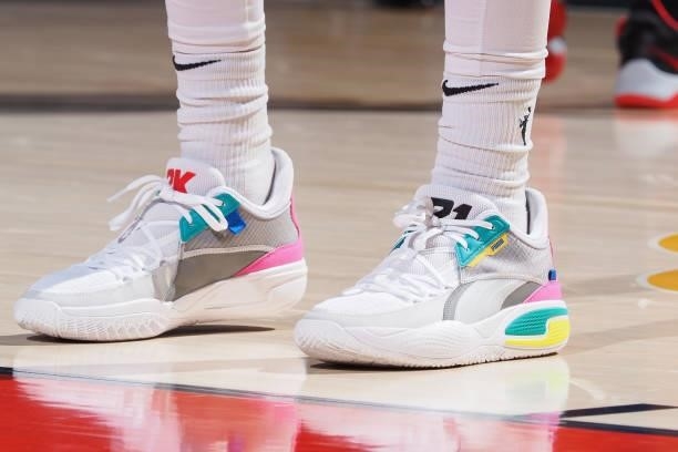 The sneakers worn by Breanna Stewart of the Seattle Storm during the game against the Indiana Fever on June 17, 2021 at Indiana Farmers Coliseum...