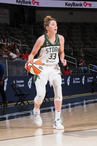 Katie Lou Samuelson of the Seattle Storm handles the ball during the game against the Indiana Fever on June 17, 2021 at Indiana Farmers Coliseum...
