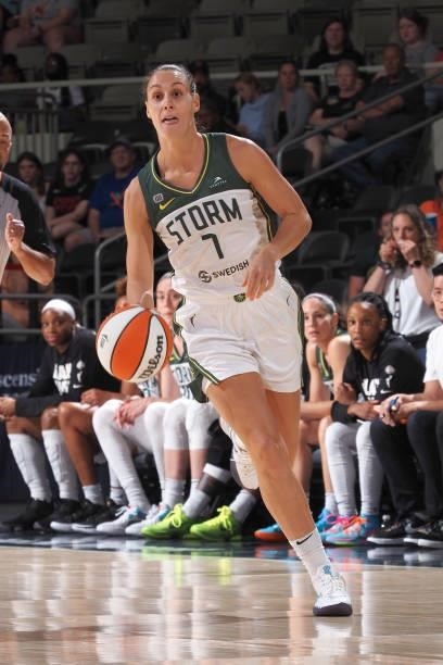 Stephanie Talbot of the Seattle Storm dribbles the ball during the game against the Indiana Fever on June 17, 2021 at Indiana Farmers Coliseum...