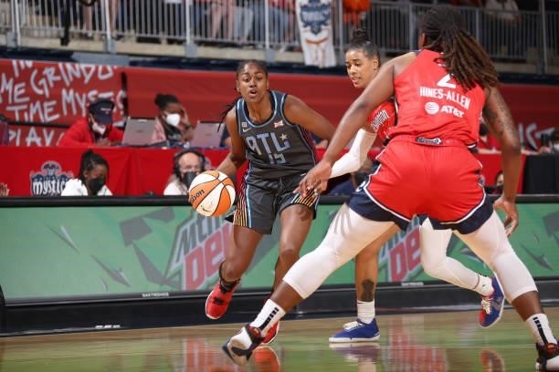 Tiffany Hayes of the Atlanta Dream dribbles the ball against the Washington Mystics on June 17, 2021 at Entertainment & Sports Arena in Washington,...