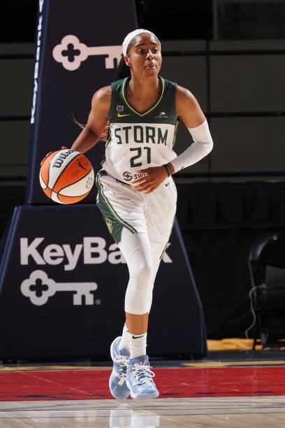 Jordin Canada of the Seattle Storm dribbles the ball during the game against the Indiana Fever on June 17, 2021 at Indiana Farmers Coliseum...