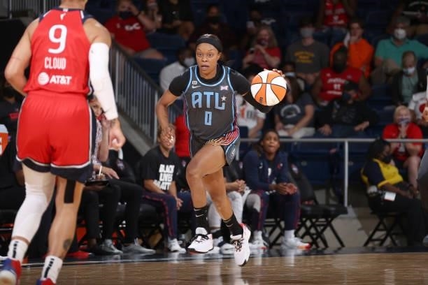 Odyssey Sims of the Atlanta Dream dribbles the ball against the Washington Mystics on June 17, 2021 at Entertainment & Sports Arena in Washington,...