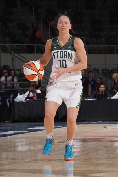 Sue Bird of the Seattle Storm dribbles the ball during the game against the Indiana Fever on June 17, 2021 at Indiana Farmers Coliseum Fieldhouse in...
