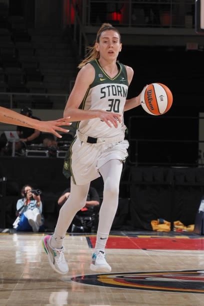 Breanna Stewart of the Seattle Storm dribbles the ball during the game against the Indiana Fever on June 17, 2021 at Indiana Farmers Coliseum...