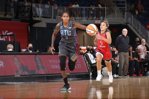 Crystal Bradford of the Atlanta Dream dribbles the ball against the Washington Mystics on June 17, 2021 at Entertainment & Sports Arena in...