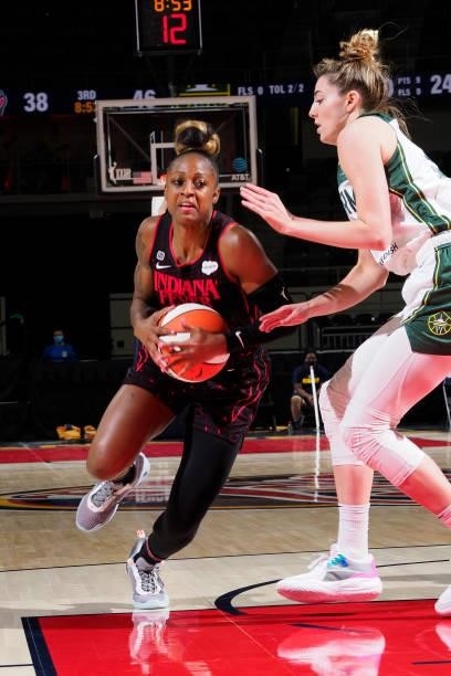 Tiffany Mitchell of the Indiana Fever drives to the basket during the game against the Seattle Storm on June 17, 2021 at Indiana Farmers Coliseum...
