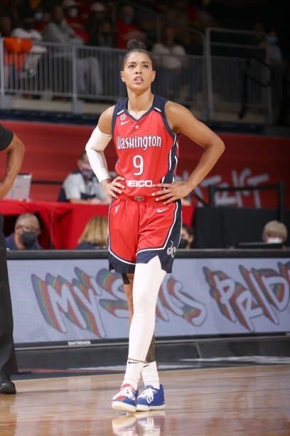 Natasha Cloud of the Washington Mystics looks up during the game against the Atlanta Dream on June 17, 2021 at Entertainment & Sports Arena in...