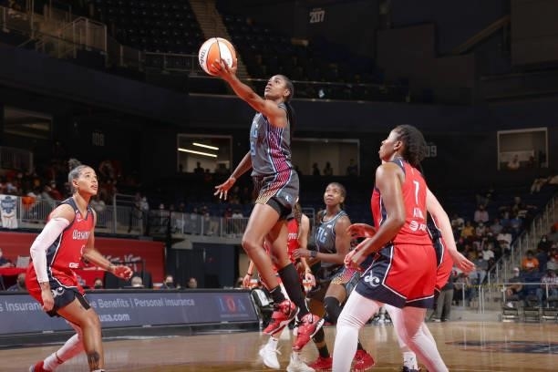 Tiffany Hayes of the Atlanta Dream drives to the basket against the Washington Mystics on June 17, 2021 at Entertainment & Sports Arena in...