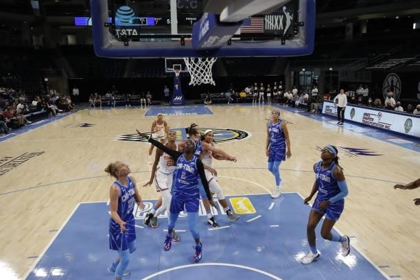 Kahleah Copper of the Chicago Sky plays defense during the game against the Connecticut Sun on June 17, 2021 at the Wintrust Arena in Chicago,...