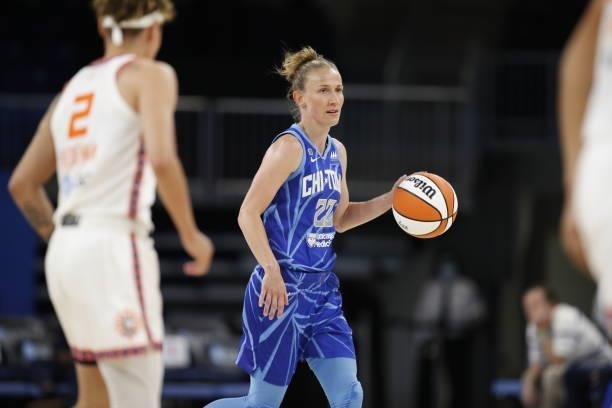 Courtney Vandersloot of the Chicago Sky handles the ball during the game against the Connecticut Sun on June 17, 2021 at the Wintrust Arena in...