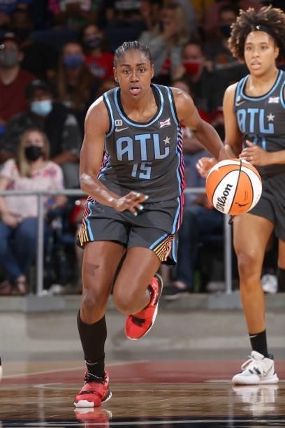 Tiffany Hayes of the Atlanta Dream dribbles the ball against the Washington Mystics on June 17, 2021 at Entertainment & Sports Arena in Washington,...