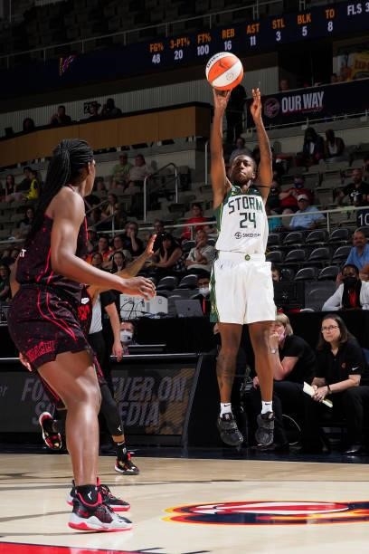 Jewell Loyd of the Seattle Storm shoots a three point basket during the game against the Indiana Fever on June 17, 2021 at Indiana Farmers Coliseum...