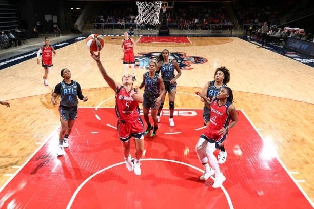 Leilani Mitchell of the Washington Mystics drives to the basket against the Atlanta Dream on June 17, 2021 at Entertainment & Sports Arena in...