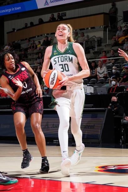 Breanna Stewart of the Seattle Storm drives to the basket during the game against the Indiana Fever on June 17, 2021 at Indiana Farmers Coliseum...