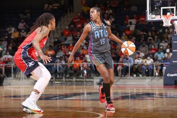 Tiffany Hayes of the Atlanta Dream handles the ball against the Washington Mystics on June 17, 2021 at Entertainment & Sports Arena in Washington,...
