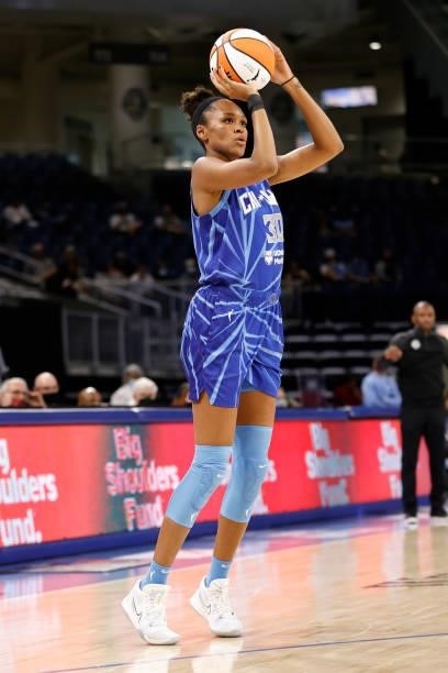 Azurá Stevens of the Chicago Sky shoots the ball during the game against the Connecticut Sun on June 17, 2021 at the Wintrust Arena in Chicago,...