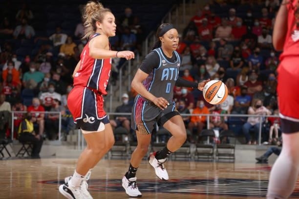 Odyssey Sims of the Atlanta Dream handles the ball against the Washington Mystics on June 17, 2021 at Entertainment & Sports Arena in Washington, DC....