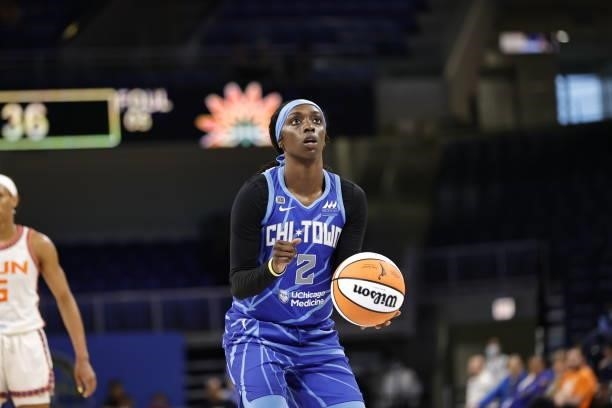 Kahleah Copper of the Chicago Sky shoots a free throw during the game against the Connecticut Sun on June 17, 2021 at the Wintrust Arena in Chicago,...