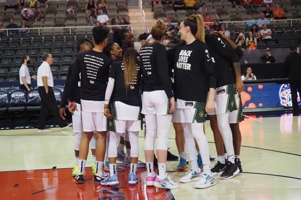 The Seattle Storm huddle up before the game against the Indiana Fever on June 17, 2021 at Indiana Farmers Coliseum Fieldhouse in Indianapolis,...