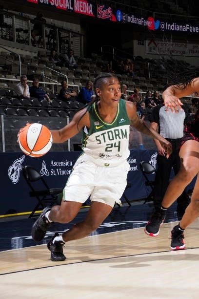 Jewell Loyd of the Seattle Storm drives to the basket during the game against the Indiana Fever on June 17, 2021 at Indiana Farmers Coliseum...
