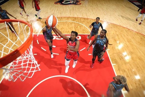 Ariel Atkins of the Washington Mystics drives to the basket against the Atlanta Dream on June 17, 2021 at Entertainment & Sports Arena in Washington,...