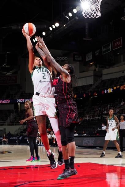 Mercedes Russell of the Seattle Storm shoots the ball during the game against the Indiana Fever on June 17, 2021 at Indiana Farmers Coliseum...