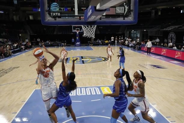 Brionna Jones of the Connecticut Sun shoots the ball during the game against the Chicago Sky on June 17, 2021 at the Wintrust Arena in Chicago,...
