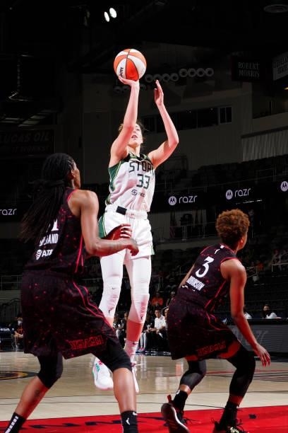 Katie Lou Samuelson of the Seattle Storm shoots the ball during the game against the Indiana Fever on June 17, 2021 at Indiana Farmers Coliseum...