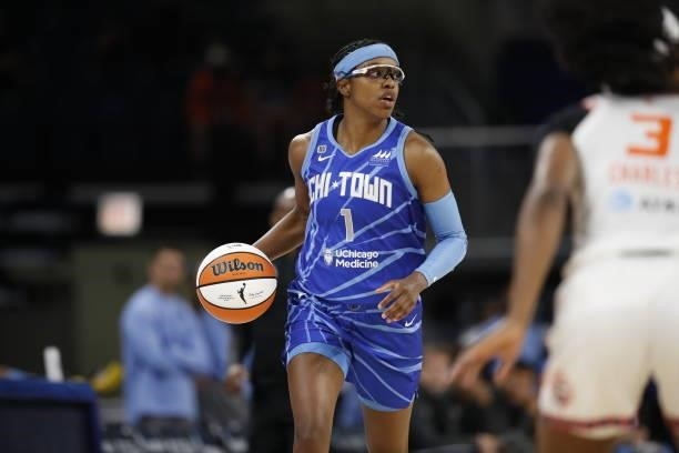Diamond DeShields of the Chicago Sky handles the ball during the game against the Connecticut Sun on June 17, 2021 at the Wintrust Arena in Chicago,...