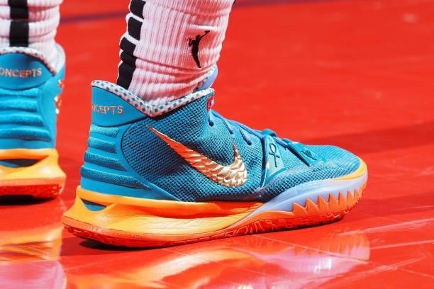 The sneakers worn by Sue Bird of the Seattle Storm during the game against the Indiana Fever on June 17, 2021 at Indiana Farmers Coliseum Fieldhouse...