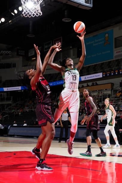 Ezi Magbegor of the Seattle Storm shoots the ball during the game against the Indiana Fever on June 17, 2021 at Indiana Farmers Coliseum Fieldhouse...