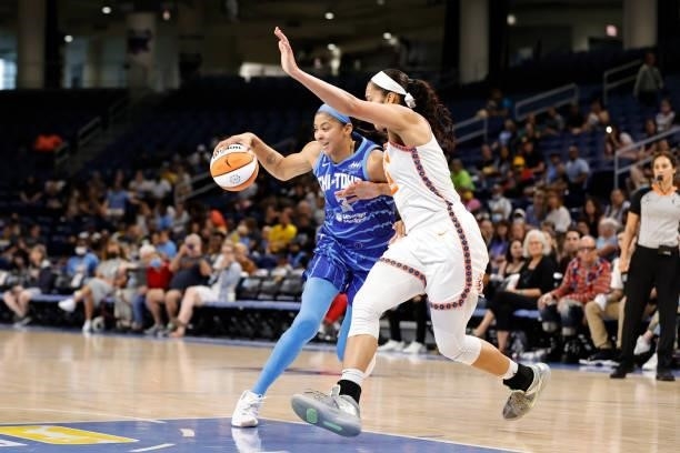 Candace Parker of the Chicago Sky drives to the basket during the game against the Connecticut Sun on June 17, 2021 at the Wintrust Arena in Chicago,...
