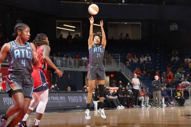 Tianna Hawkins of the Atlanta Dream shoots the ball against the Washington Mystics on June 17, 2021 at Entertainment & Sports Arena in Washington,...