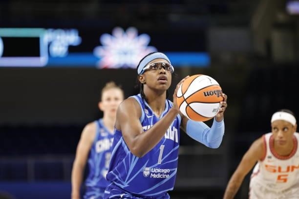 Diamond DeShields of the Chicago Sky shoots a free throw during the game against the Connecticut Sun on June 17, 2021 at the Wintrust Arena in...