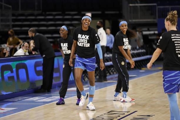 Diamond DeShields of the Chicago Sky smiles prior to a game against the Connecticut Sun on June 17, 2021 at the Wintrust Arena in Chicago, Illinois....
