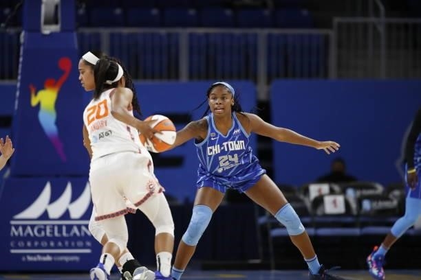 Ruthy Hebard of the Chicago Sky plays defense during the game against the Connecticut Sun on June 17, 2021 at the Wintrust Arena in Chicago,...