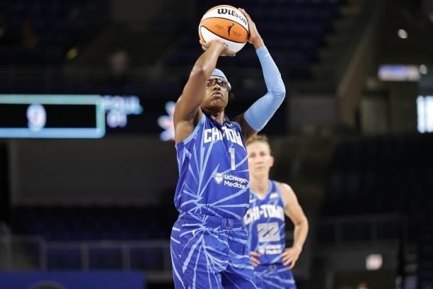 Diamond DeShields of the Chicago Sky shoots a free throw during the game against the Connecticut Sun on June 17, 2021 at the Wintrust Arena in...