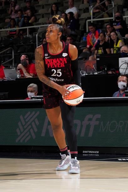 Tiffany Mitchell of the Indiana Fever handles the ball during the game against the Seattle Storm on June 17, 2021 at Indiana Farmers Coliseum...